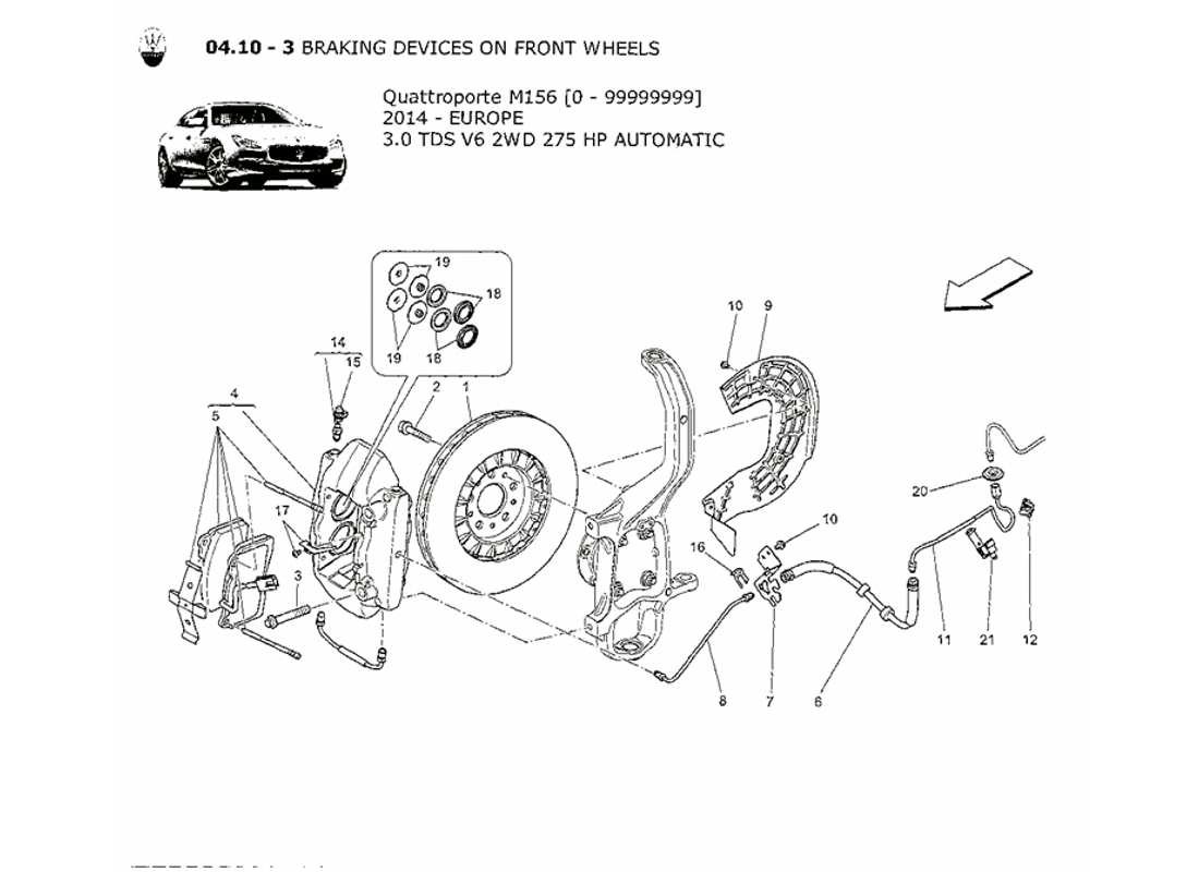 maserati qtp. v6 3.0 tds 275bhp 2014 diagrama de piezas de los dispositivos de frenado en las ruedas delanteras