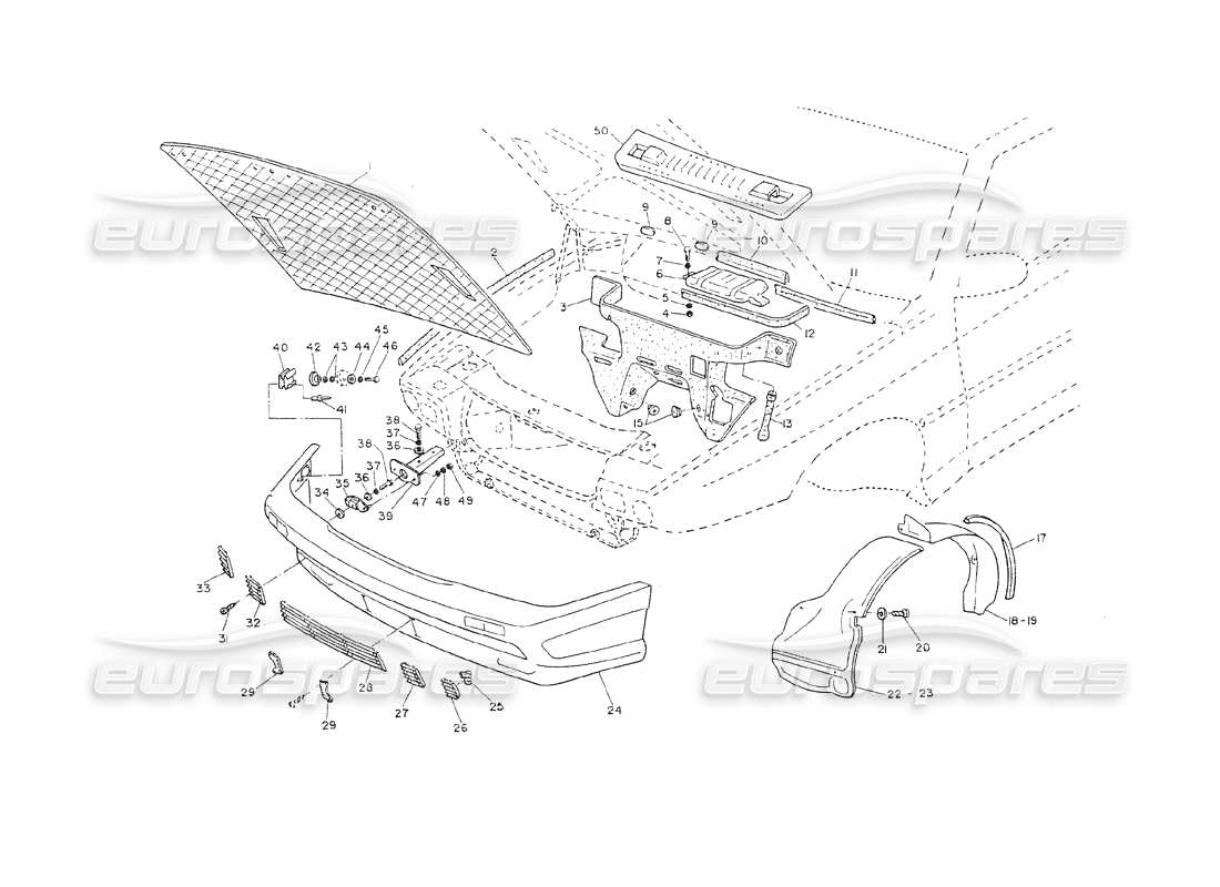 maserati shamal moldura interna del capó y parachoques delantero diagrama de piezas