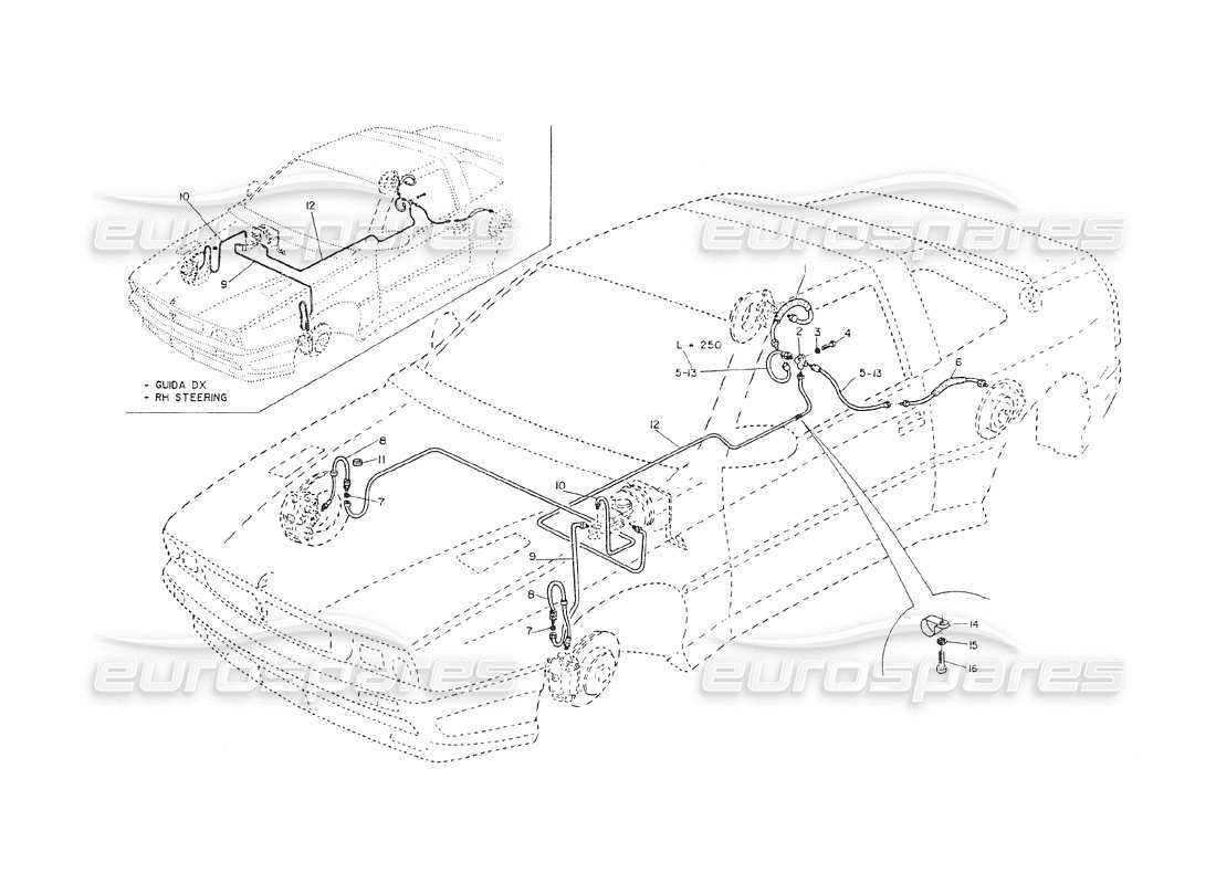 maserati shamal tubería de freno de potencia diagrama de piezas