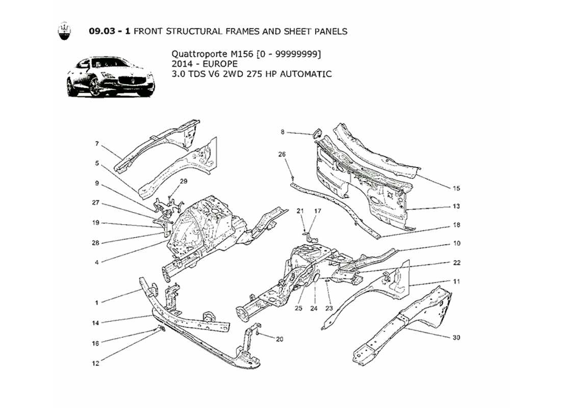 maserati qtp. v6 3.0 tds 275bhp 2014 diagrama de piezas de marcos estructurales frontales y paneles laminares