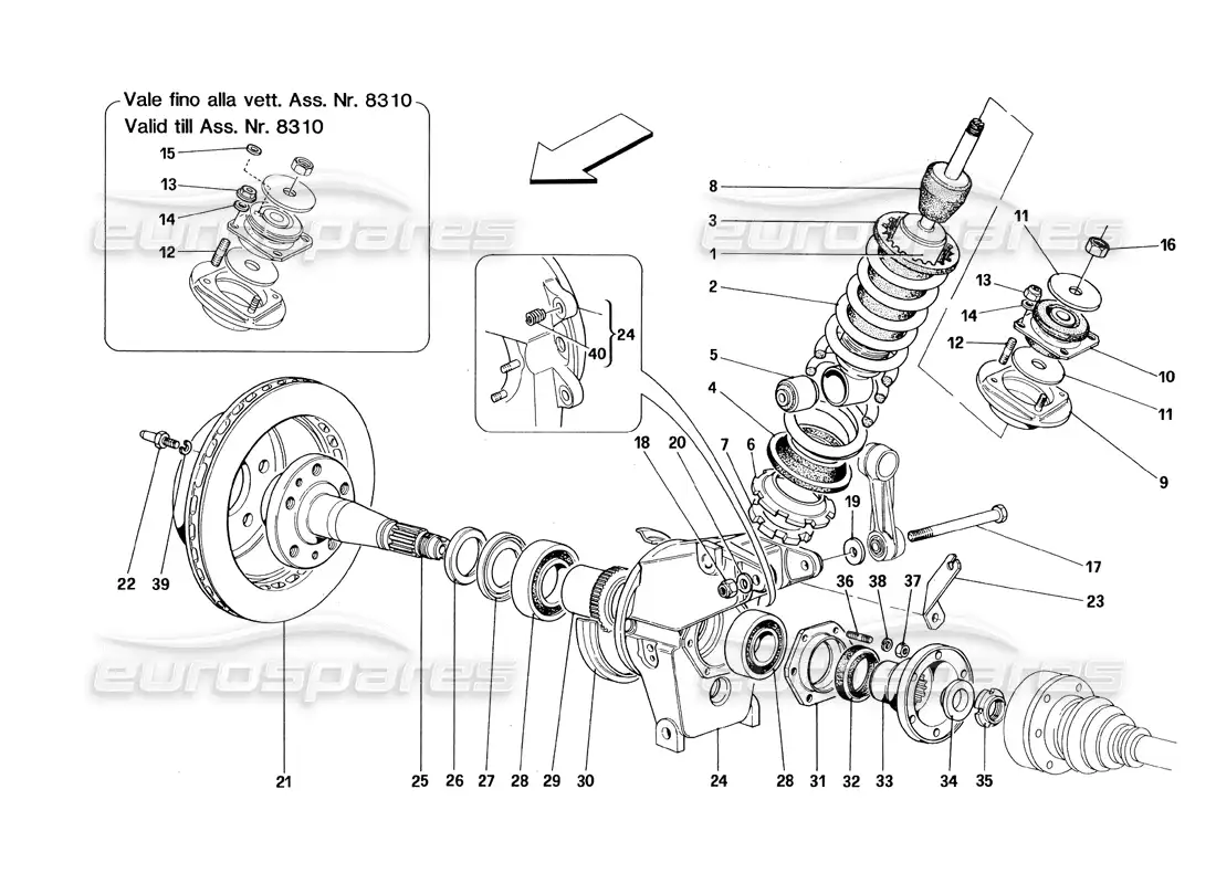 ferrari 348 (1993) tb / ts suspensión trasera: amortiguador y disco de freno diagrama de piezas