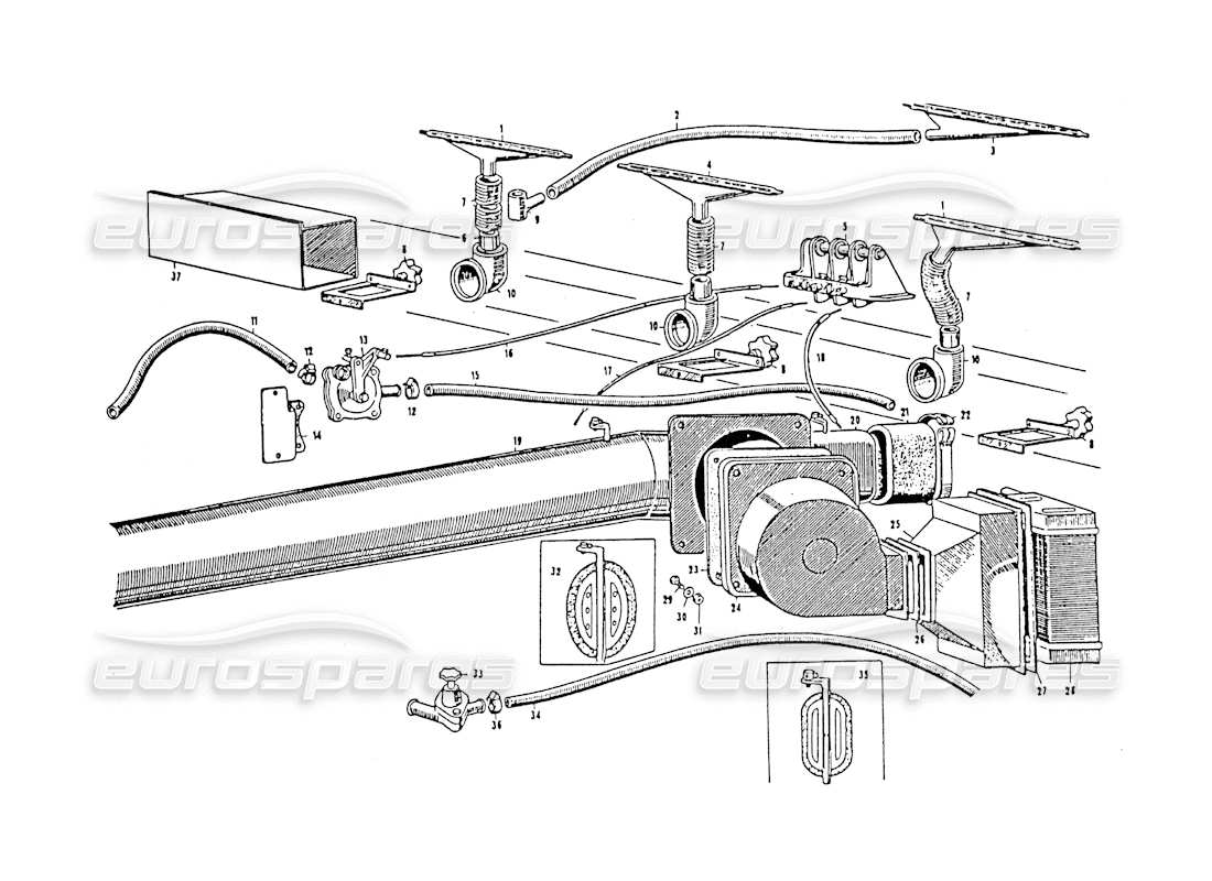 maserati 3500 gt sistema de calefacción y refrigeración diagrama de piezas