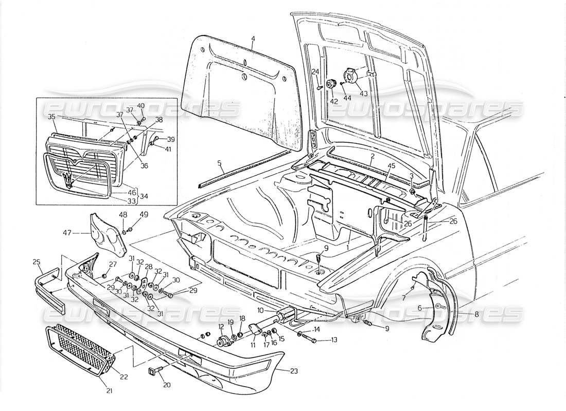 maserati 228 diagrama de piezas del parachoques delantero y fieltros insonorizados