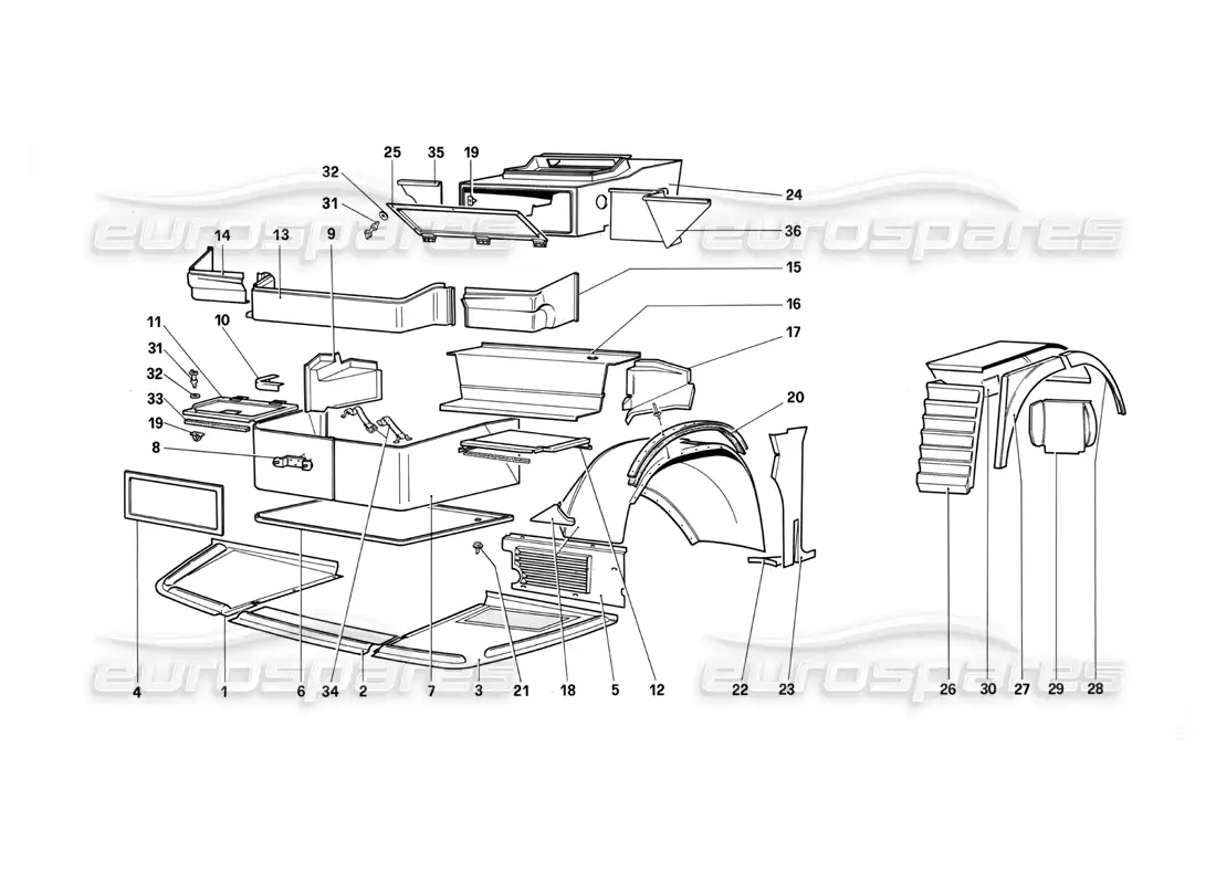 ferrari testarossa (1987) cuerpo - diagrama de piezas de componentes externos