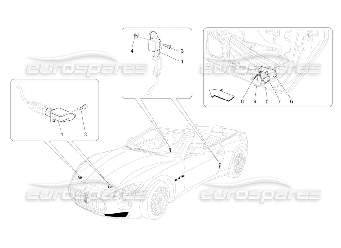 maserati grancabrio (2011) 4.7 diagrama de piezas de los sensores de colisión