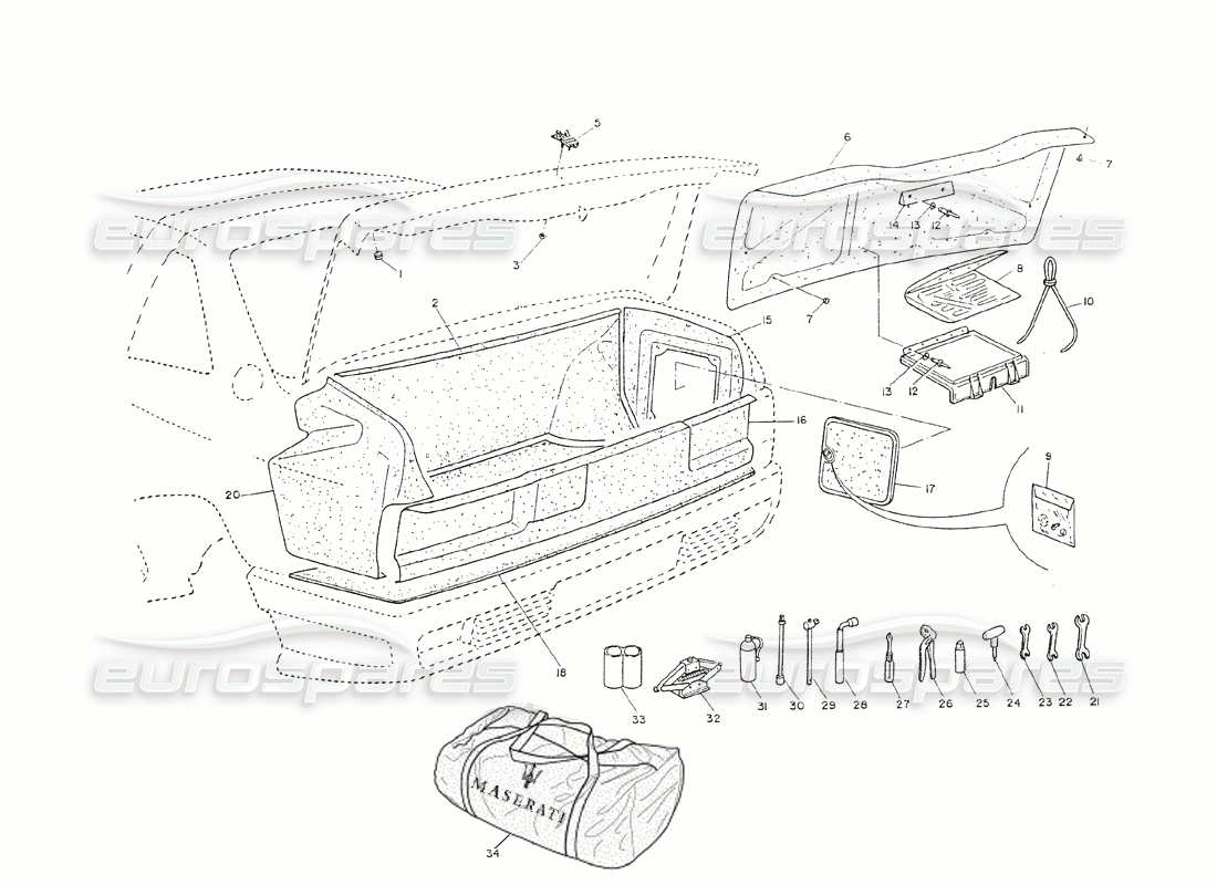 maserati shamal tapa del maletero: escudos, adornos, herramientas diagrama de piezas