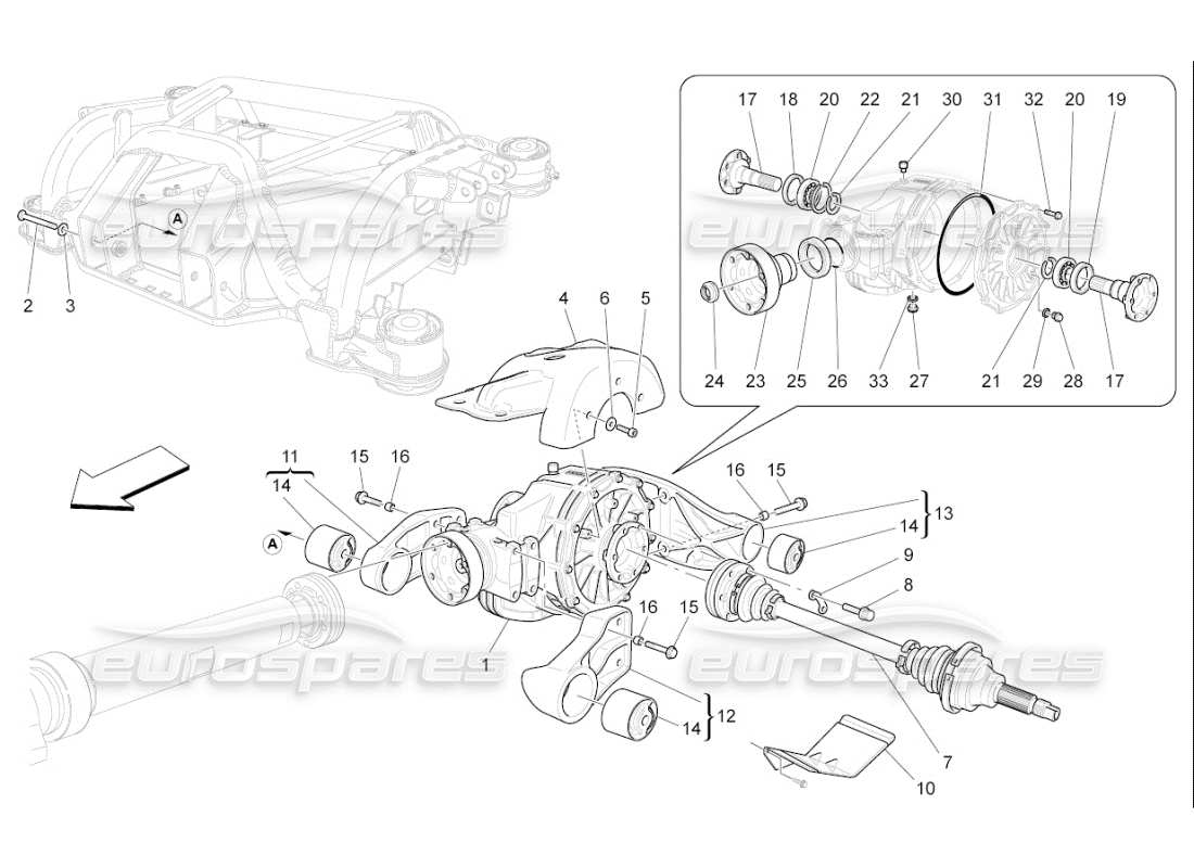 maserati qtp. (2009) 4.7 auto diagrama de piezas del diferencial y del eje trasero