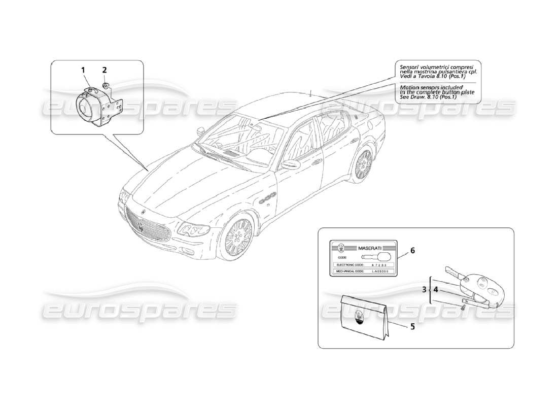 maserati qtp. (2006) 4.2 diagrama de piezas del sistema de alarma e inmovilizador (página 1-2)