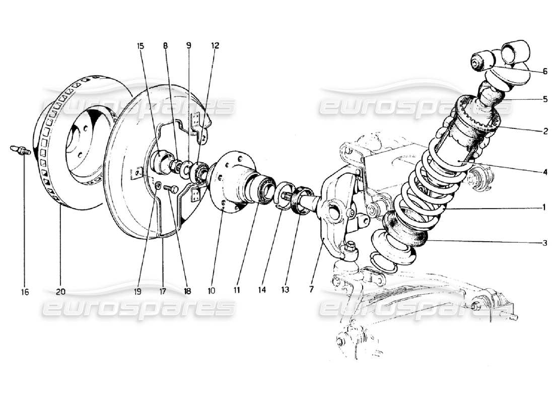 ferrari 308 gtb (1976) suspensión delantera - amortiguador y disco de freno diagrama de piezas