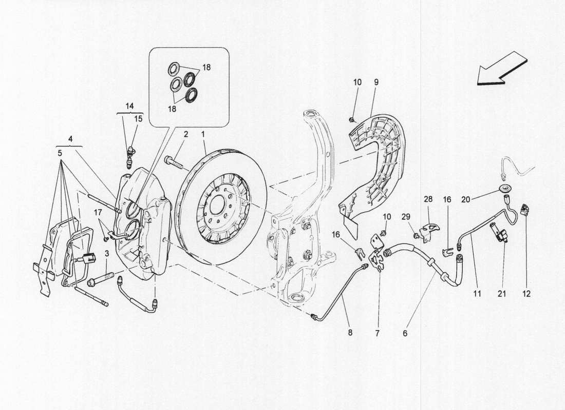maserati qtp. v6 3.0 bt 410bhp 2wd 2017 diagrama de piezas de los dispositivos de frenado en las ruedas delanteras