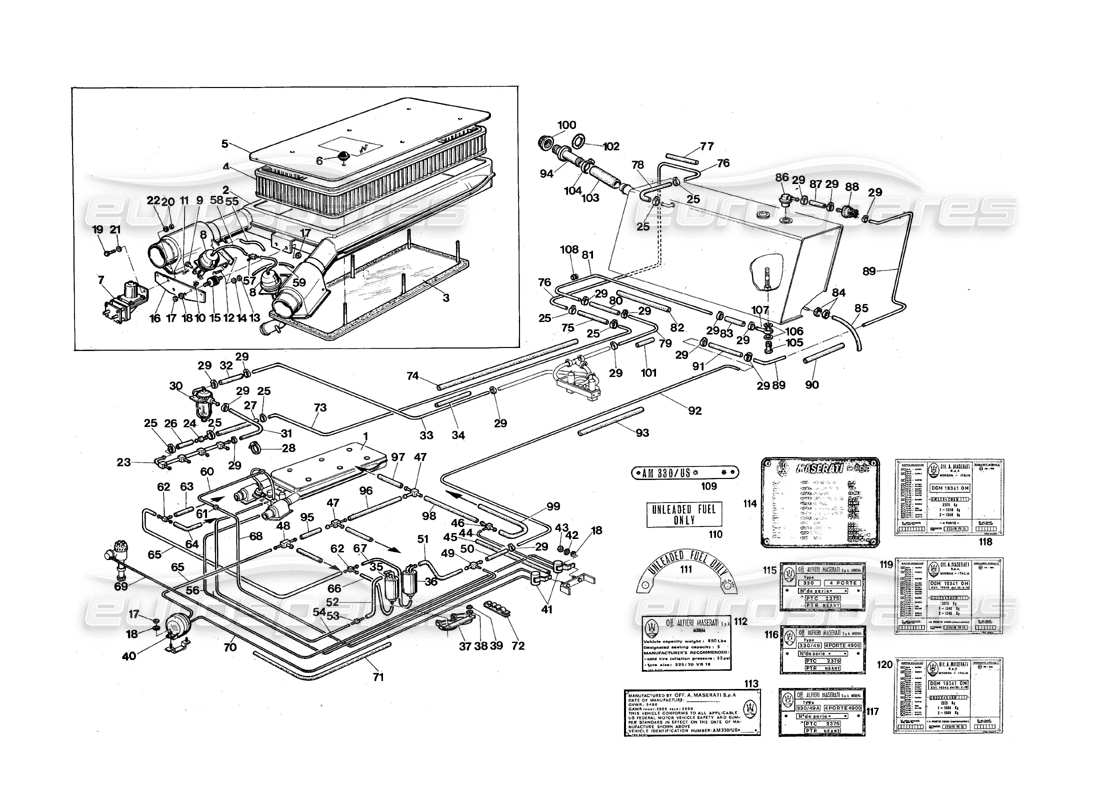 maserati qtp.v8 4.9 (s3) 1979 sistema de suministro de combustible (versión estadounidense) diagrama de piezas