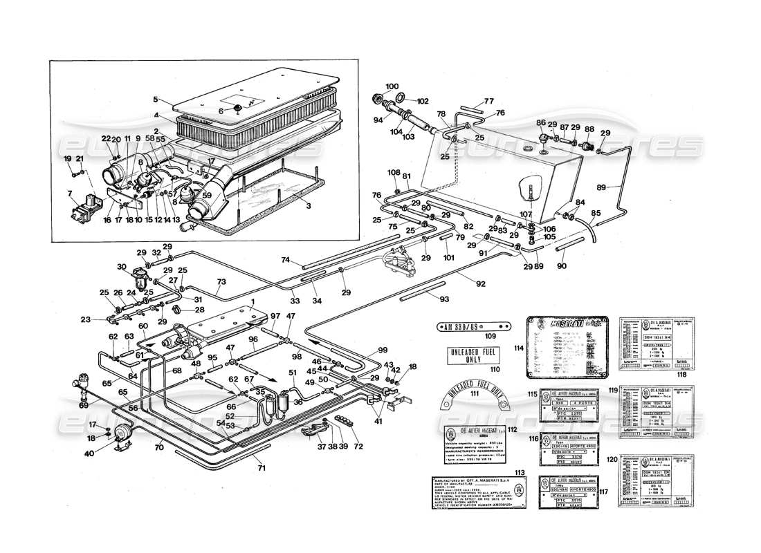 maserati qtp.v8 4.9 (s3) 1979 diagrama de piezas del sistema de suministro de combustible (versión ee. uu.)