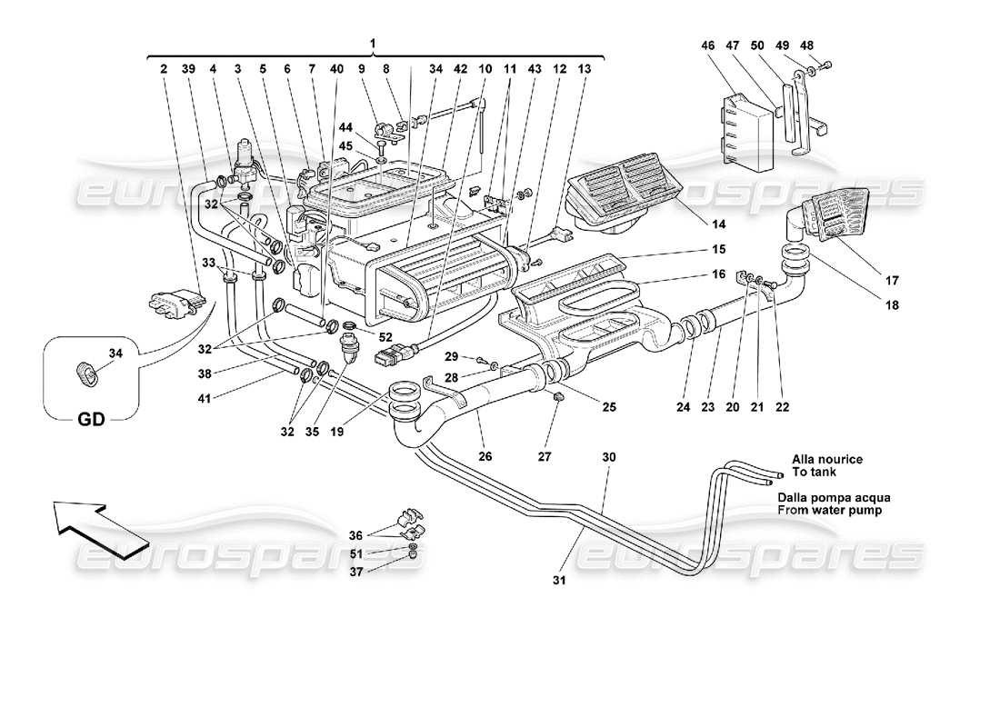 ferrari 355 (2.7 motronic) diagrama de piezas de aireación de la unidad del evaporador y del compartimento de pasajeros