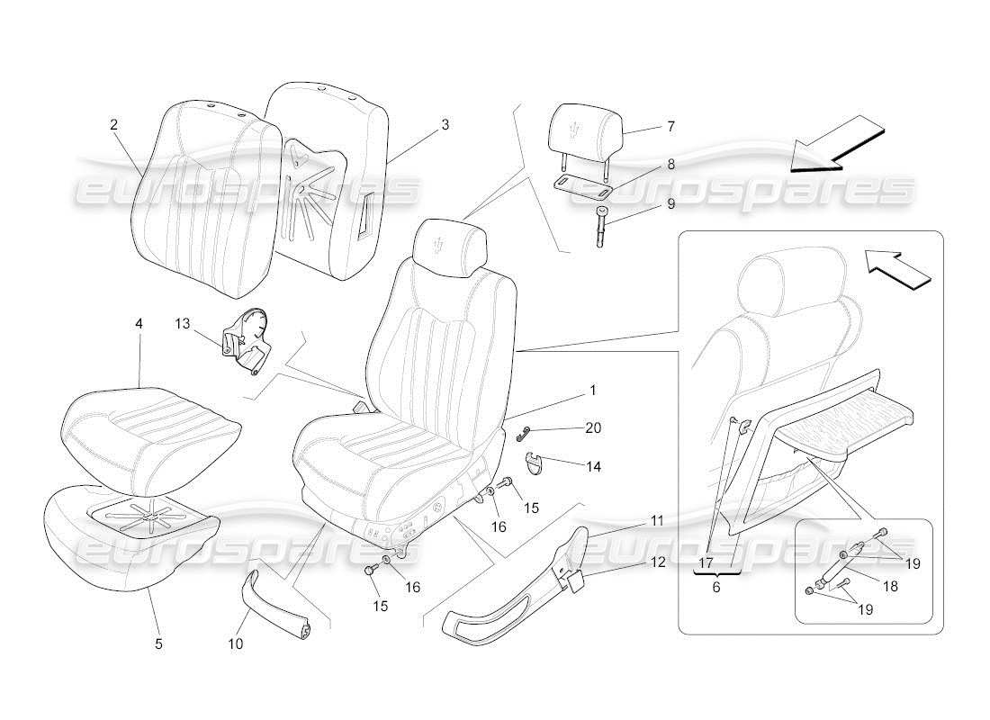 maserati qtp. (2010) 4.2 auto asientos delanteros: diagrama de piezas de los paneles tapizados