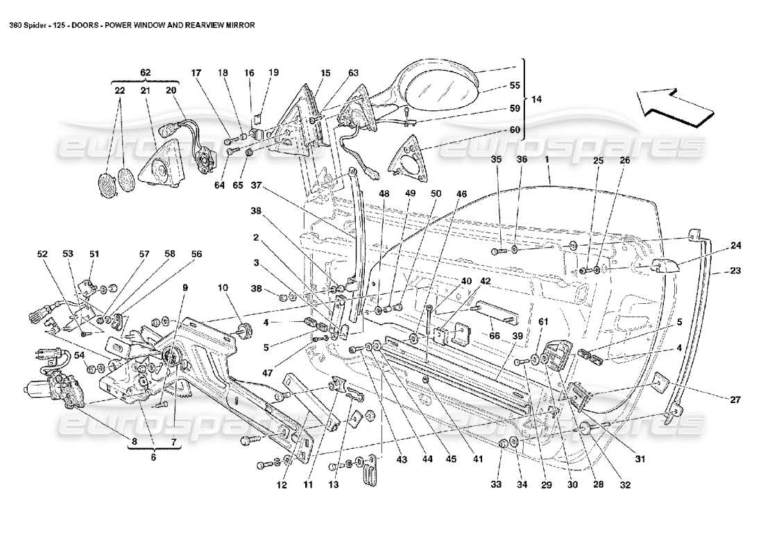 ferrari 360 spider puertas: diagrama de piezas del elevalunas eléctrico y del espejo retrovisor