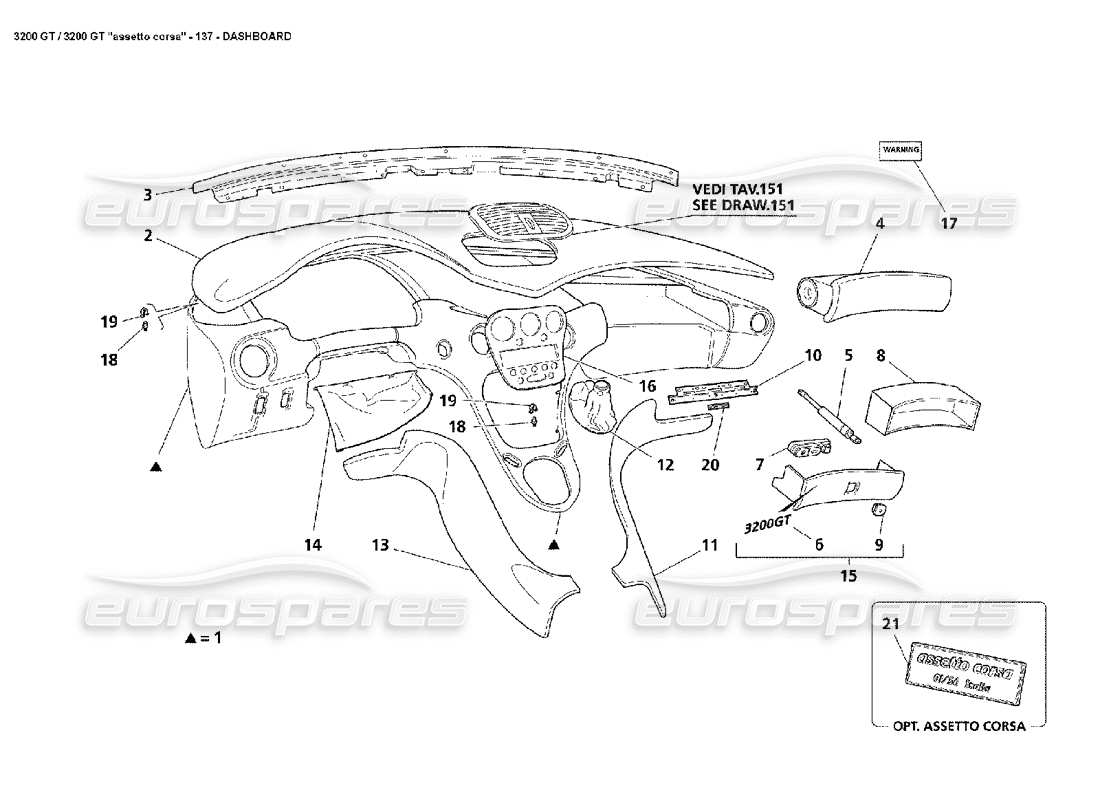 maserati 3200 gt/gta/assetto corsa diagrama de piezas del tablero