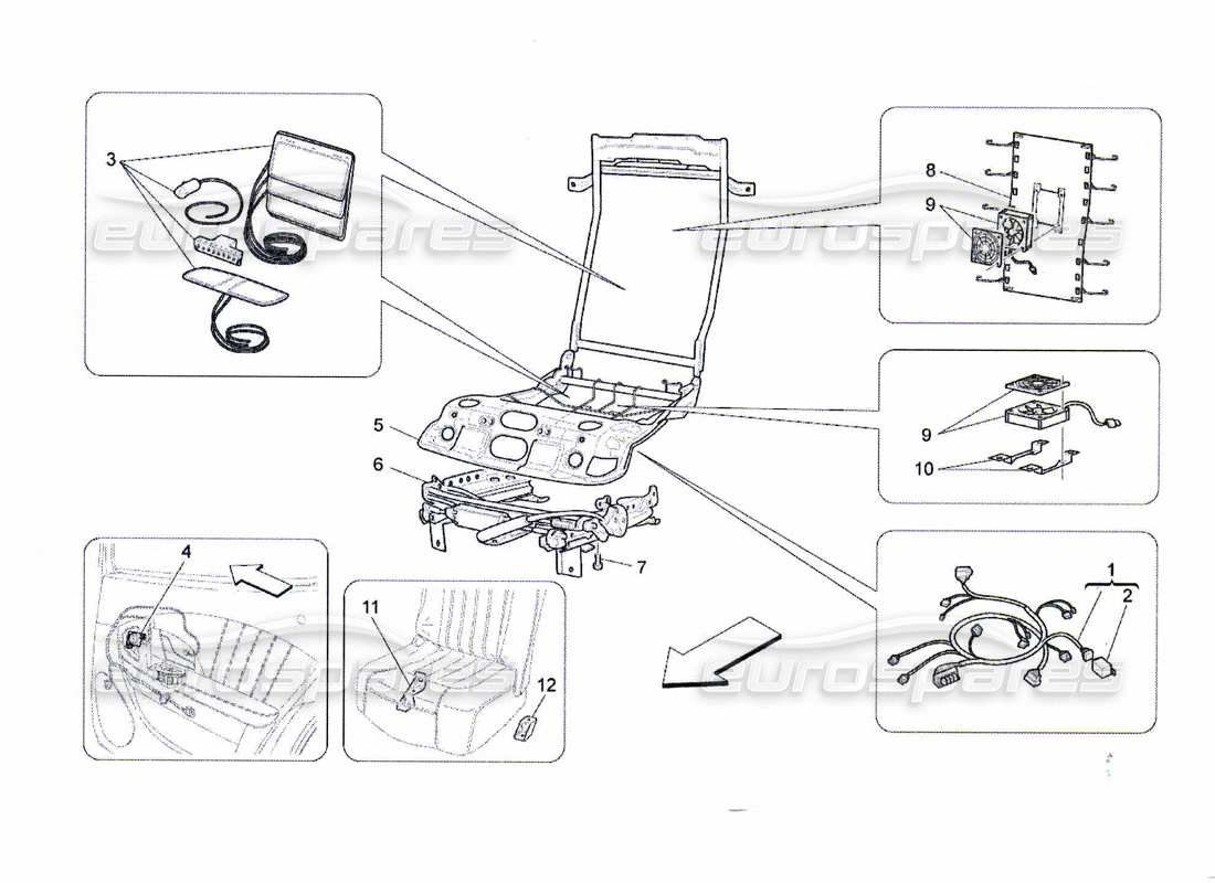 maserati qtp. (2010) 4.7 asientos traseros: diagrama de piezas de mecánica y electrónica