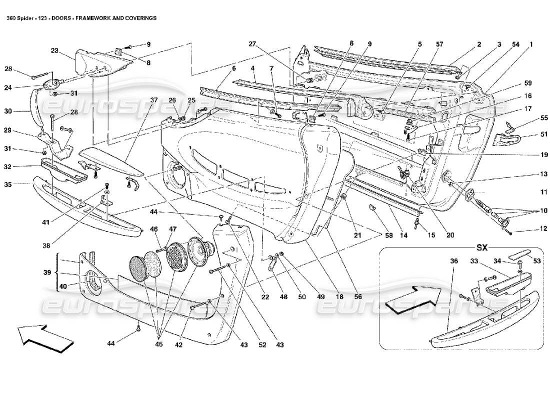 ferrari 360 spider puertas - esquema de piezas marcos y revestimientos