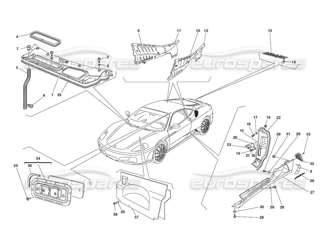ferrari 430 challenge (2006) escudos - diagrama de piezas de acabado