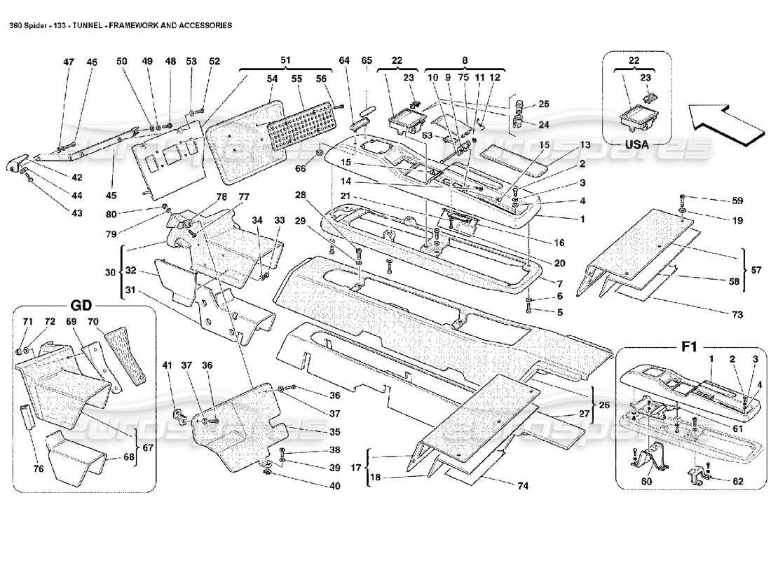 ferrari 360 spider túnel: diagrama de piezas de estructura y accesorios