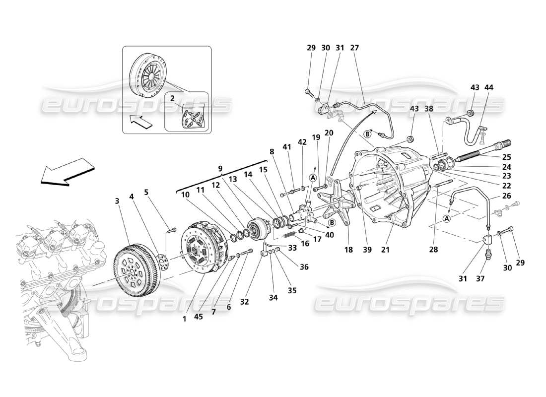 maserati qtp. (2003) 4.2 disco de embrague y carcasa para diagrama de piezas de la caja de cambios f1