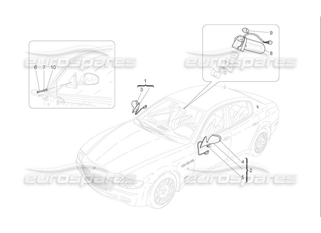 maserati qtp. (2009) 4.7 auto diagrama de piezas de los espejos retrovisores internos y externos