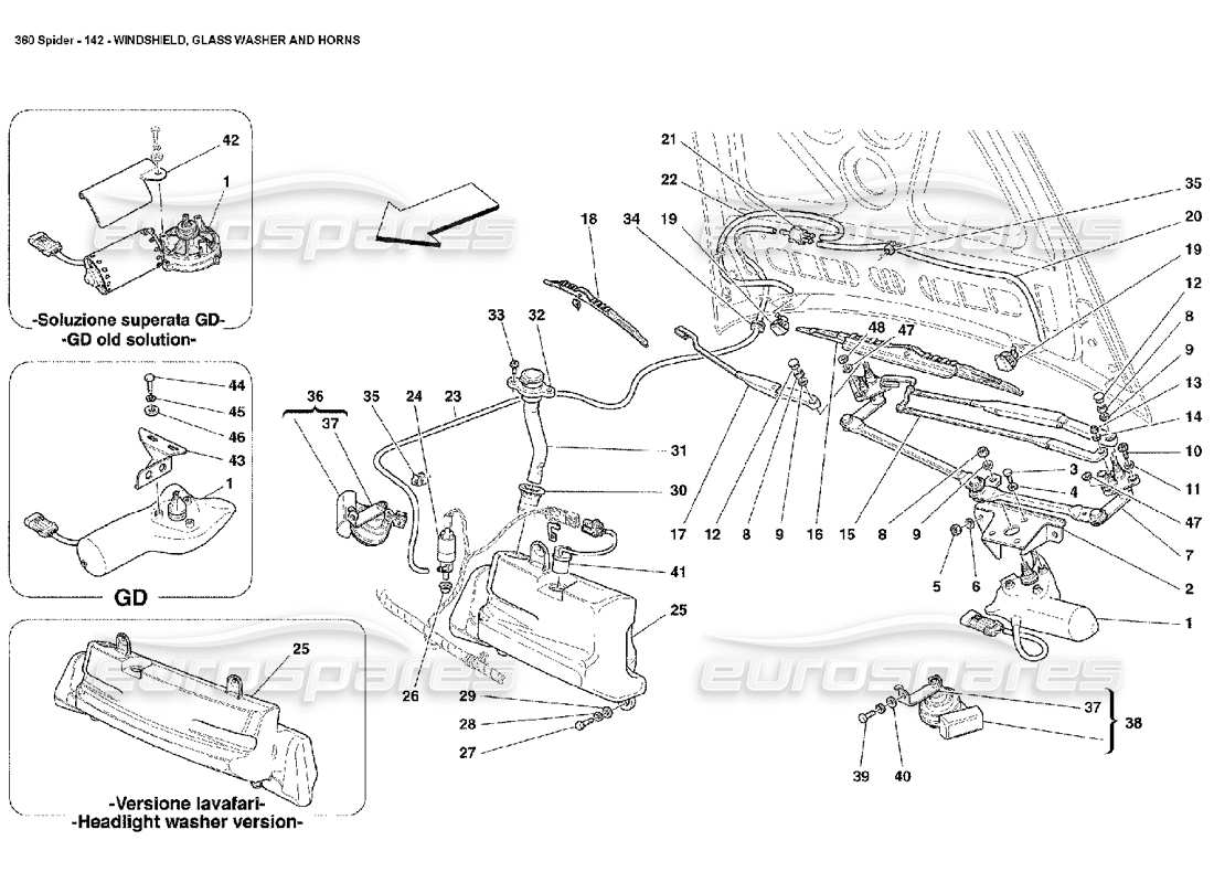 ferrari 360 spider diagrama de piezas de parabrisas, arandela y bocinas