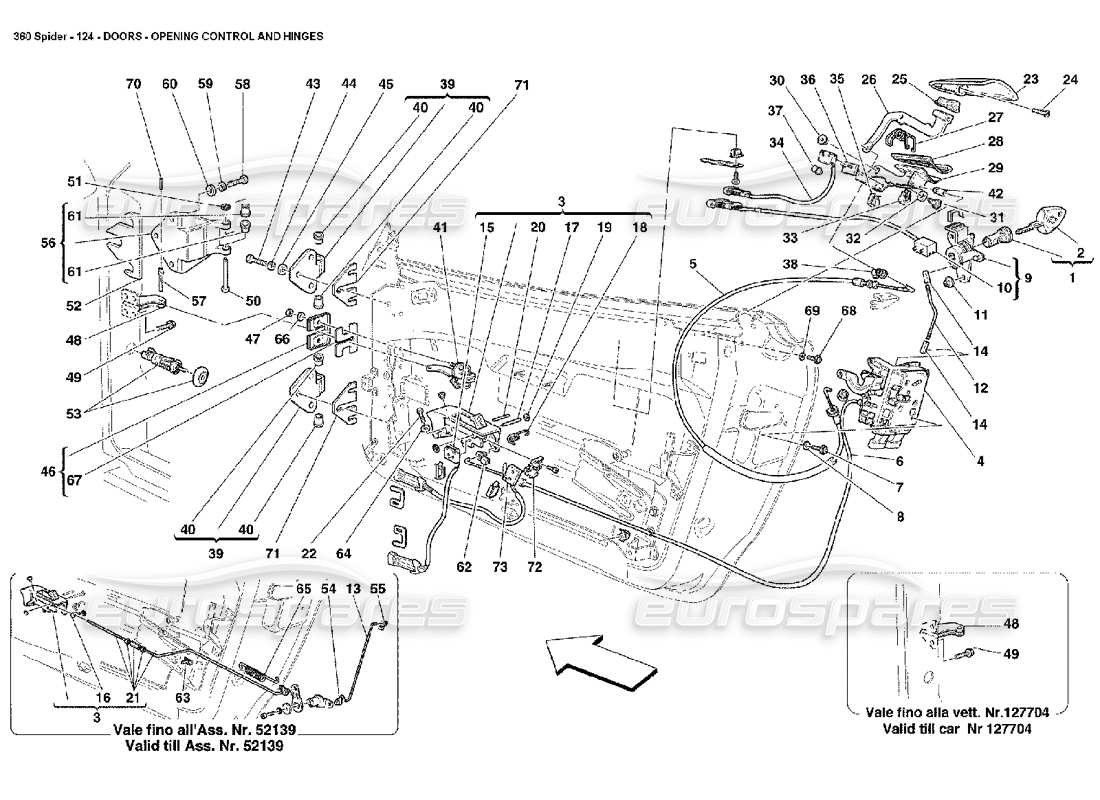 ferrari 360 spider puertas: diagrama de piezas de control de apertura y bisagras