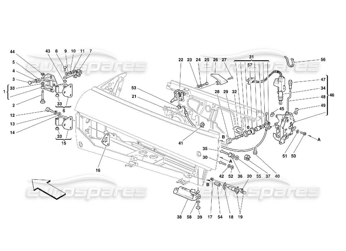ferrari 355 (5.2 motronic) puertas: diagrama de piezas de control de apertura y bisagras