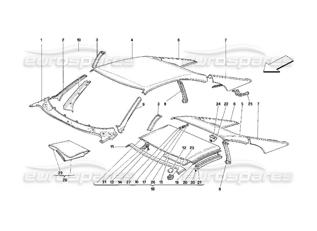 ferrari 348 (2.7 motronic) techo - diagrama de piezas de molduras exteriores
