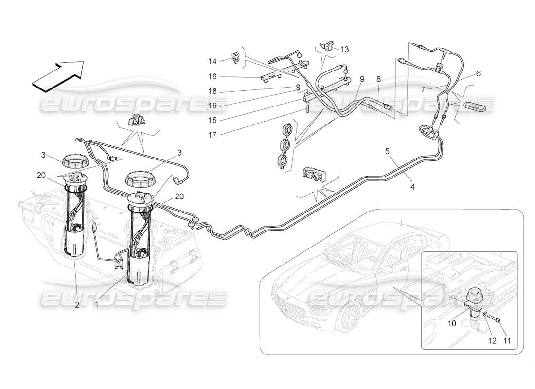 maserati qtp. (2006) 4.2 f1 diagrama de piezas de bombas de combustible y líneas de conexión