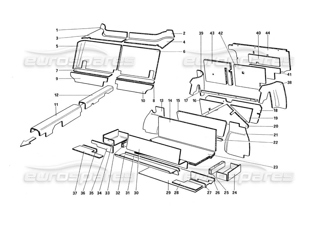 ferrari 328 (1985) diagrama de piezas del aislamiento de los compartimentos de pasajeros y equipaje (no para las versiones ee. uu. y sa)