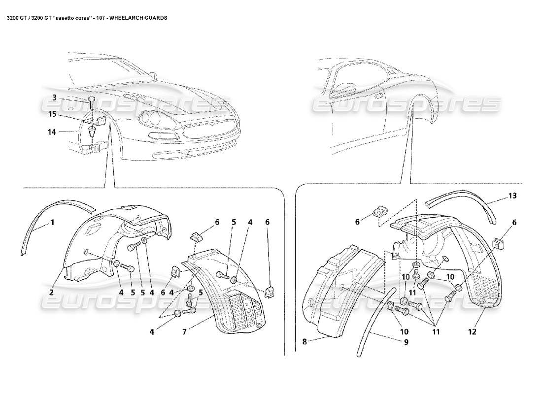 maserati 3200 gt/gta/assetto corsa diagrama de piezas de los protectores de pasos de ruedas