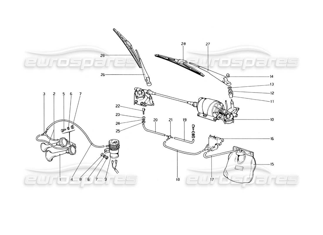 ferrari 246 dino (1975) diagrama de piezas del limpiaparabrisas, arandela y bocina