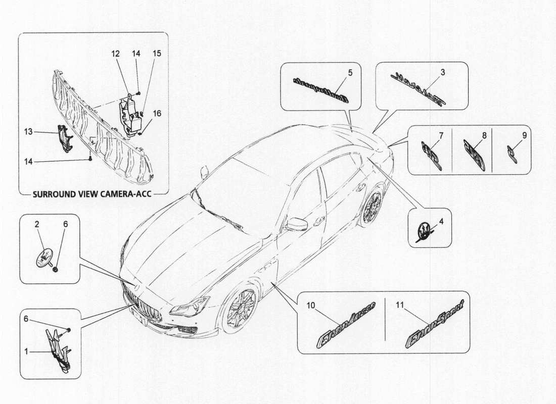 maserati qtp. v6 3.0 bt 410bhp 2wd 2017 diagrama de piezas de adornos, marcas y símbolos