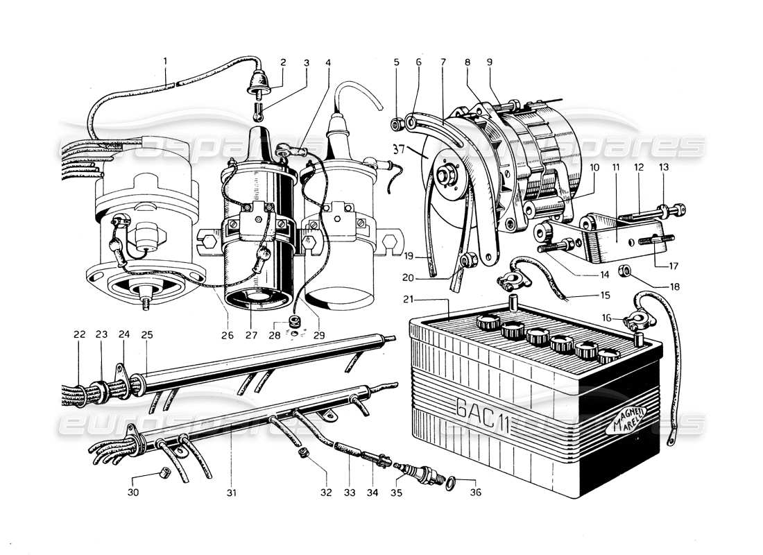 ferrari 275 gtb/gts 2 cam generador: diagrama de piezas de batería y bobinas