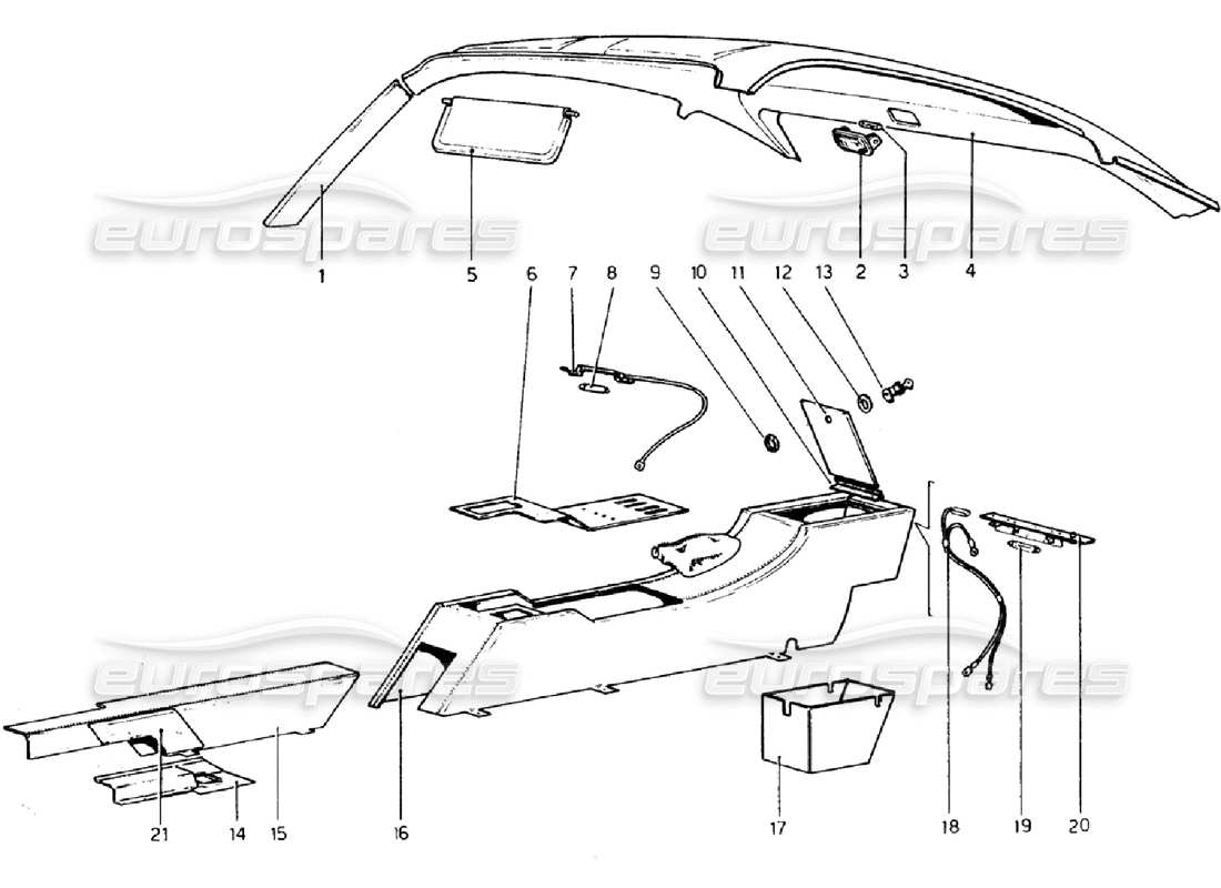 ferrari 308 gtb (1976) túnel y techo diagrama de piezas