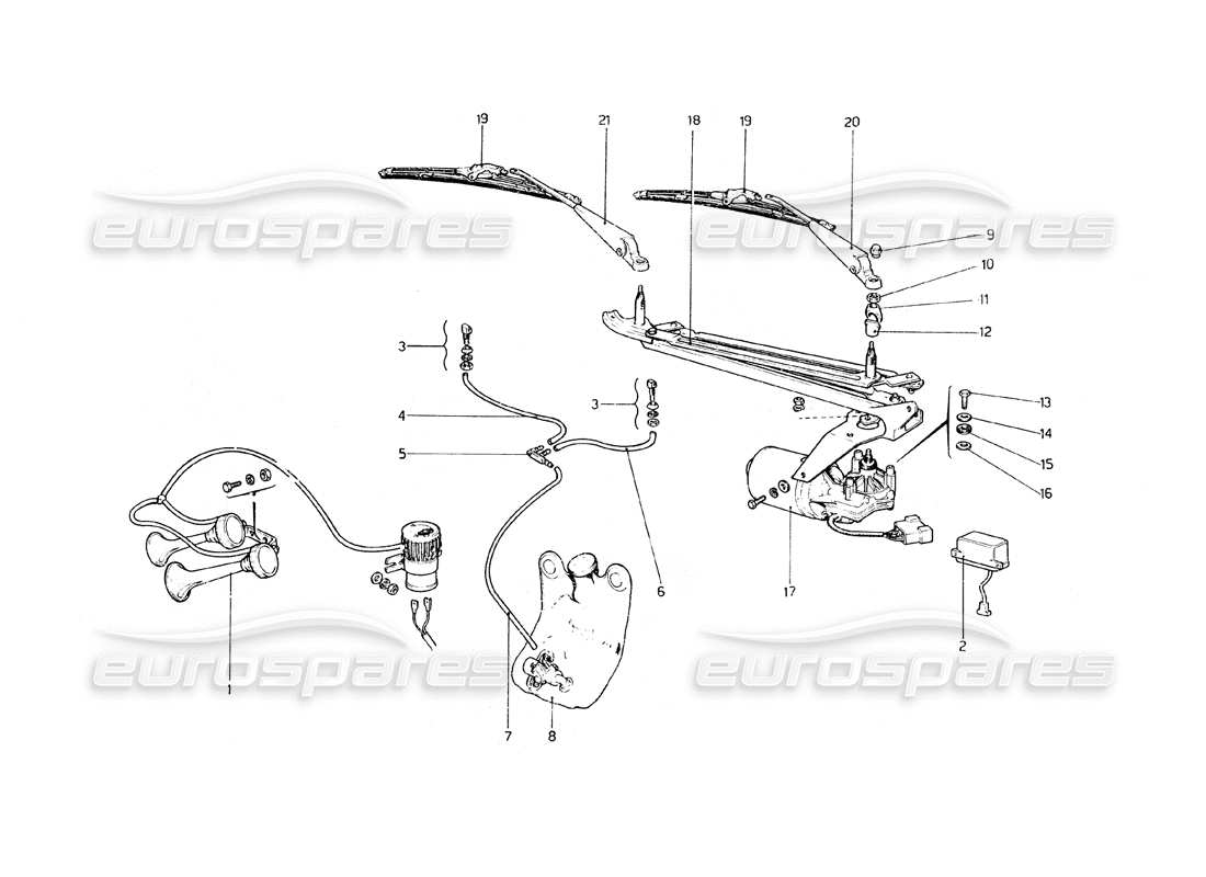 ferrari 308 gt4 dino (1979) diagrama de piezas del limpiaparabrisas, arandela y bocina