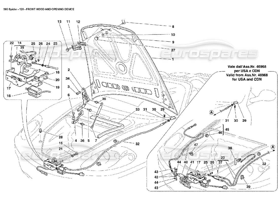 ferrari 360 spider diagrama de piezas del capó delantero y del dispositivo de apertura