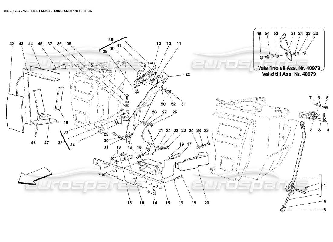 ferrari 360 spider depósitos de combustible - esquema de piezas de fijación y protección