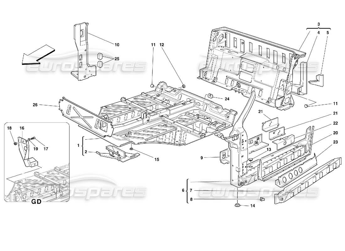 ferrari 355 (2.7 motronic) diagrama de piezas de estructuras de la parte central