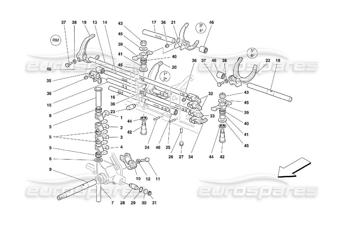 ferrari 355 (2.7 motronic) diagrama de piezas de los controles internos de la caja de cambios