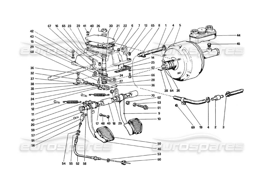 ferrari 308 gtb (1980) tablero de pedales - controles de freno y embrague diagrama de piezas