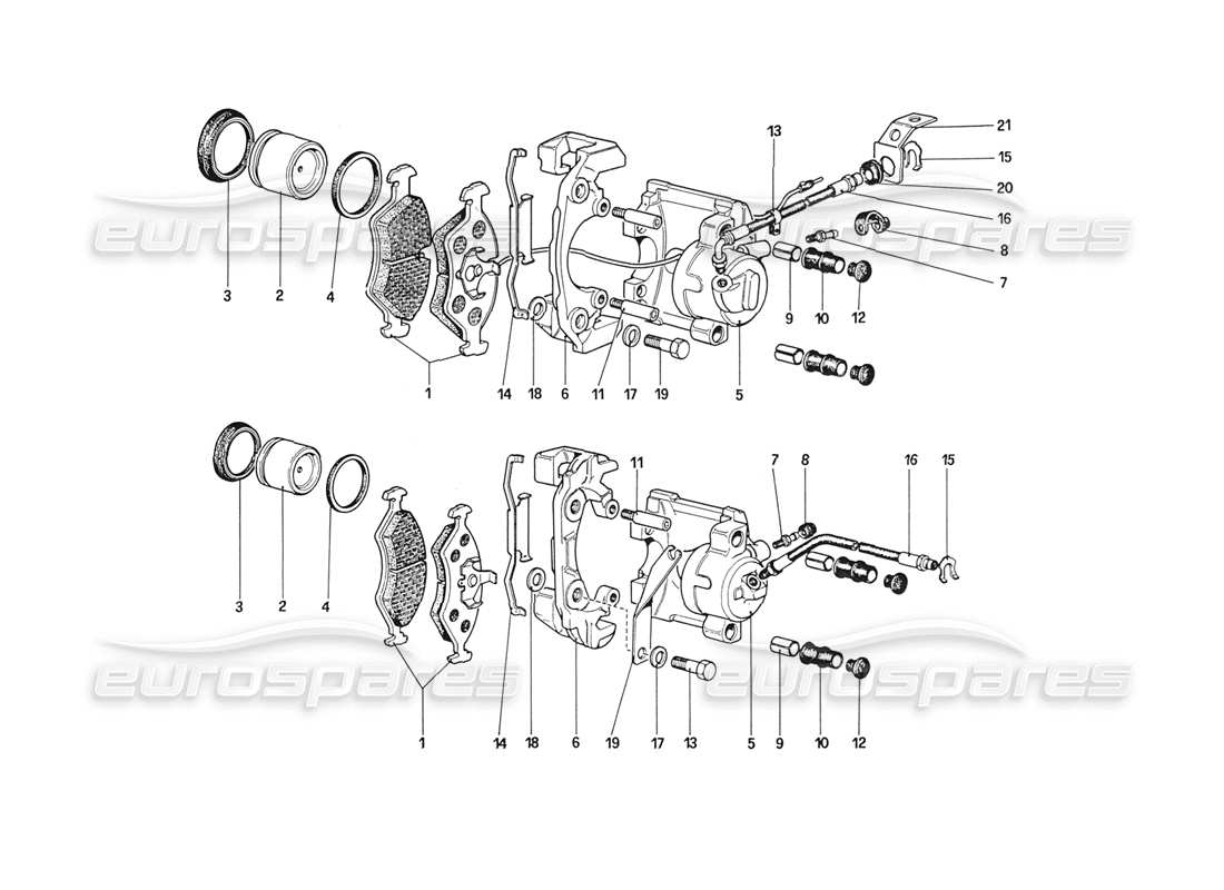 ferrari 208 turbo (1989) pinzas para frenos delanteros y traseros diagrama de piezas