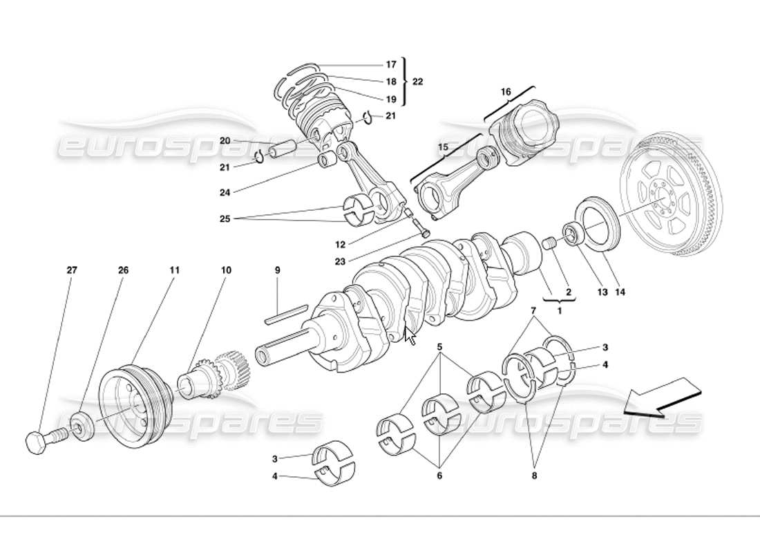 ferrari 360 modena diagrama de piezas del cigüeñal, bielas y pistones