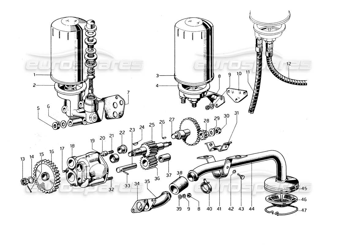 ferrari 275 gtb/gts 2 cam diagrama de piezas de la bomba de aceite y los filtros