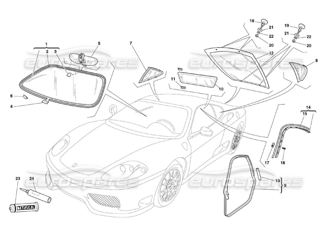 ferrari 360 challenge stradale diagrama de piezas de vidrios y juntas