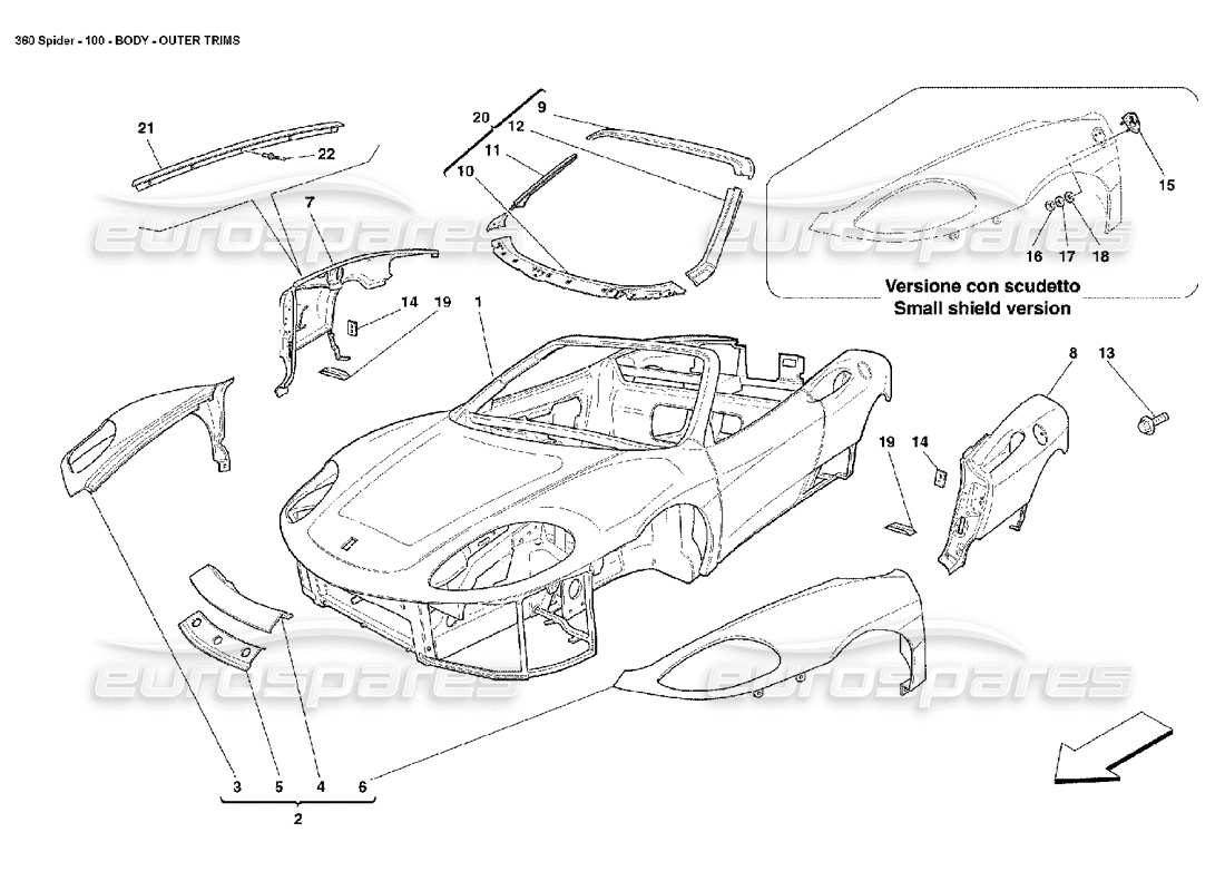 ferrari 360 spider carrocería - diagrama de piezas de adornos exteriores