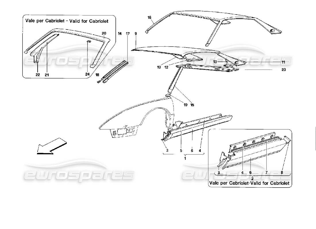 ferrari mondial 3.4 t coupe/cabrio carrocería: elementos exteriores - parte central diagrama de piezas