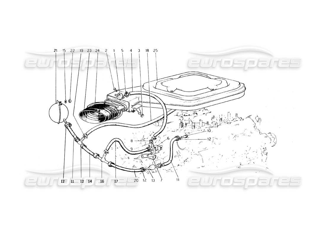 ferrari 308 gt4 dino (1979) diagrama de piezas de válvula y líneas del filtro de aire de admisión (variantes para ee. uu., versión aus y j)